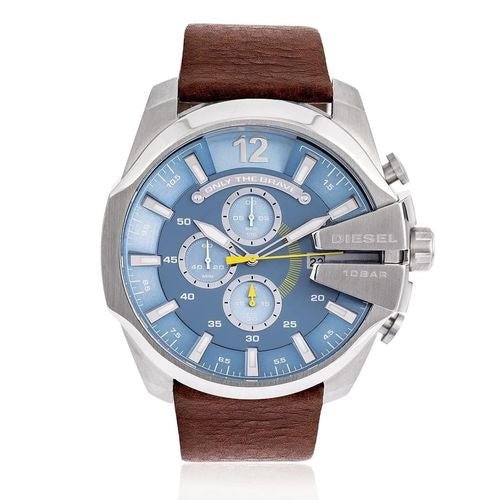 Diesel Mega Chief Light Blue Dial Brown Leather Strap Watch For Men - DZ4281 Watches Diesel   