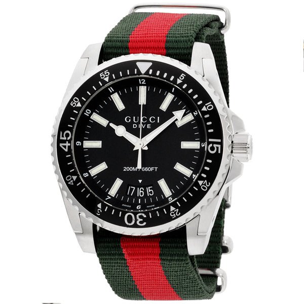 Gucci Dive Black Dial Green & Red Nylon Strap Watch For Men - YA136206 Watches Gucci   