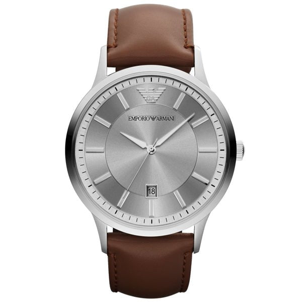 Emporio Armani Renato Silver Dial Brown LeatherStrap Watch For Men - AR2463 Watches Emporio Armani   