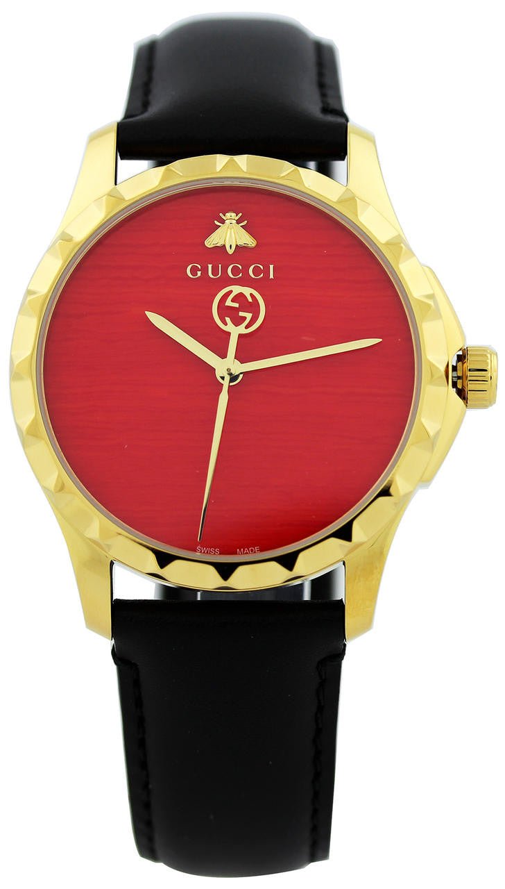 Gucci G Timeless Coral Red Dial Black Leather Strap Watch For Men - YA126464 Watches Gucci   