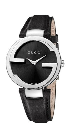 Gucci G Interlocking Black Dial Black Leather Strap Watch For Women - YA133501 Watches Gucci   