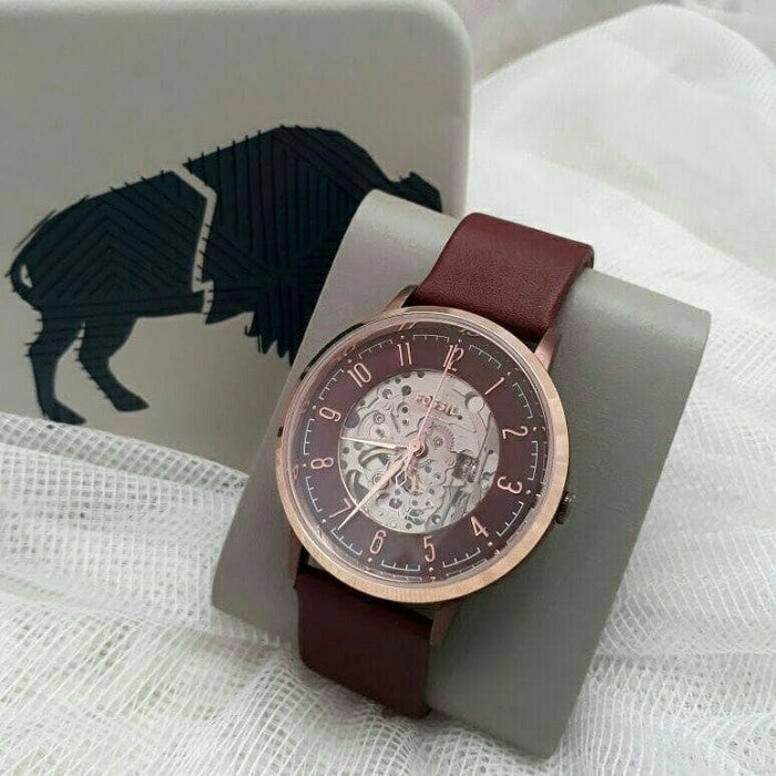 Fossil Vintage Muse Automatic Skeleton Maroon Dial Maroon Leather Strap Watch for Women - ME3137 Watches Fossil   