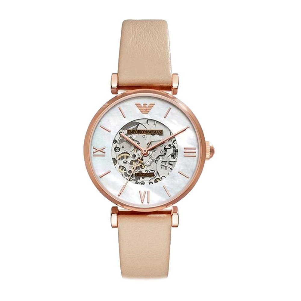 Emporio Armani Meccanico Silver Skeleton Dial Beige Leather Strap Watch For Women - AR60001 Watches Emporio Armani   