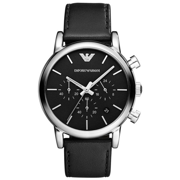 Emporio Armani Classic Chronograph Black Dial Black Leather Strap Watch For Men - AR1733 Watches Emporio Armani   