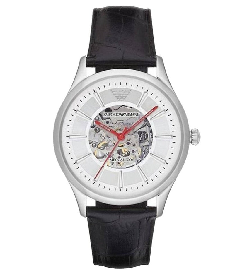 Emporio Armani Meccanico Silver Skeleton Dial Black Leather Strap Watch For Men - AR2072 Watches Emporio Armani   