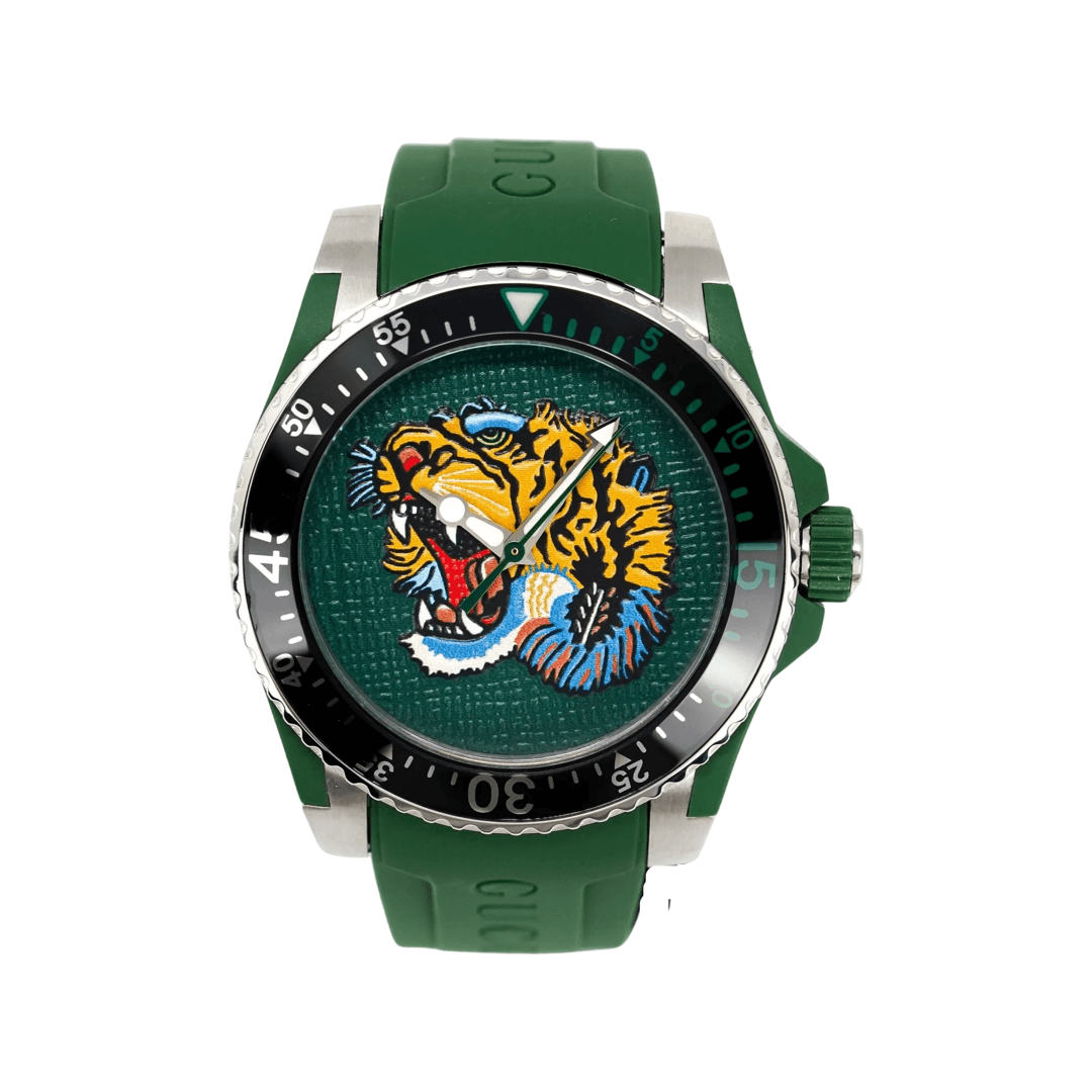 Gucci Dive Tiger Green Dial Green Rubber Strap Watch For Men - YA136316 Watches Gucci   