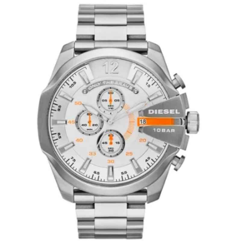 Diesel Mega Chief Quartz Chronograph White Dial Stainless Steel Strap Watch For Men - DZ4328 Watches Diesel   