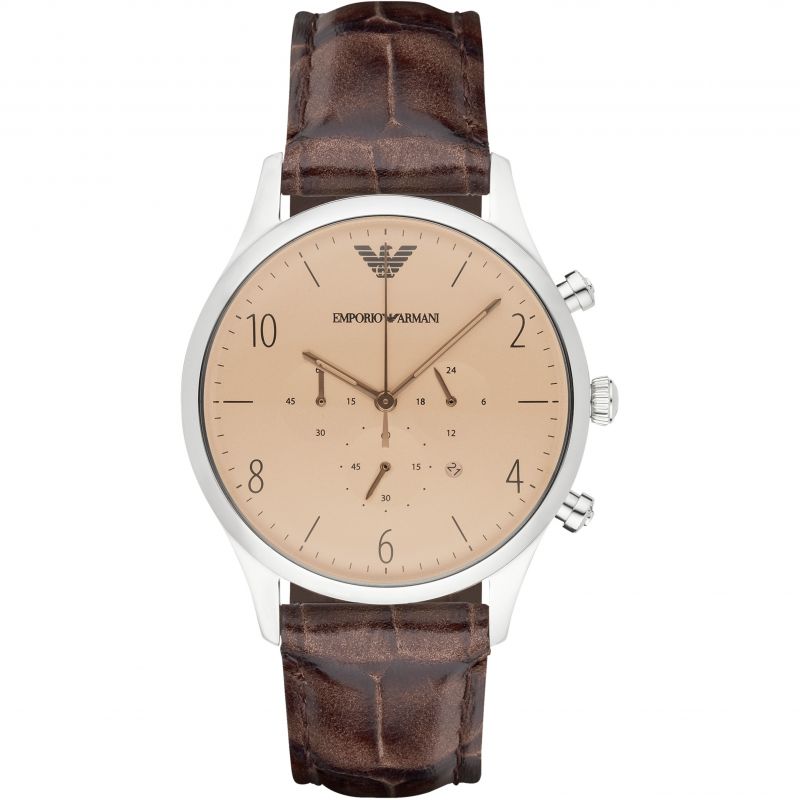 Emporio Armani Classic Chronograph Cream Dial Brown Leather Strap Watch For Men - AR1878 Watches Emporio Armani   