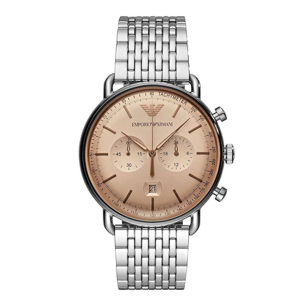 Emporio Armani Aviator Chronograph Beige Dial Silver Stainless Steel Strap Watch For Men - AR11239 Watches Emporio Armani   