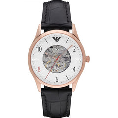 Emporio Armani Meccanico White Skeleton Dial Black Leather Strap Watch For Men - AR1924 Watches Emporio Armani   