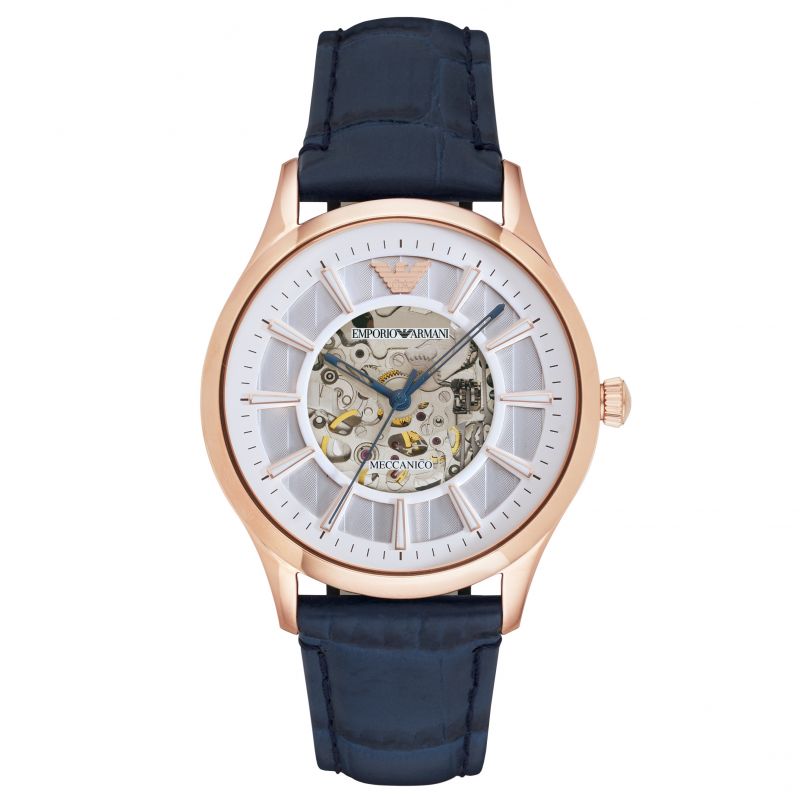 Emporio Armani Meccanico Automatic White Dial Blue Leather Strap Watch For Men - AR1947 Watches Emporio Armani   