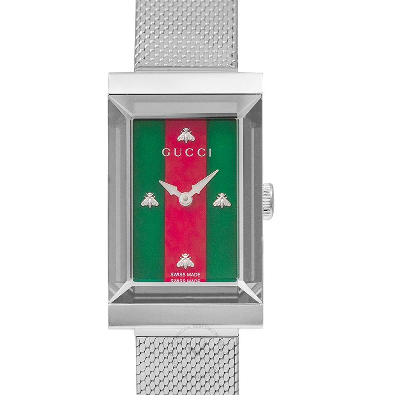 Gucci G Frame Red and Green Dial Silver Mesh Bracelet Watch For Women - YA147401 Watches Gucci   