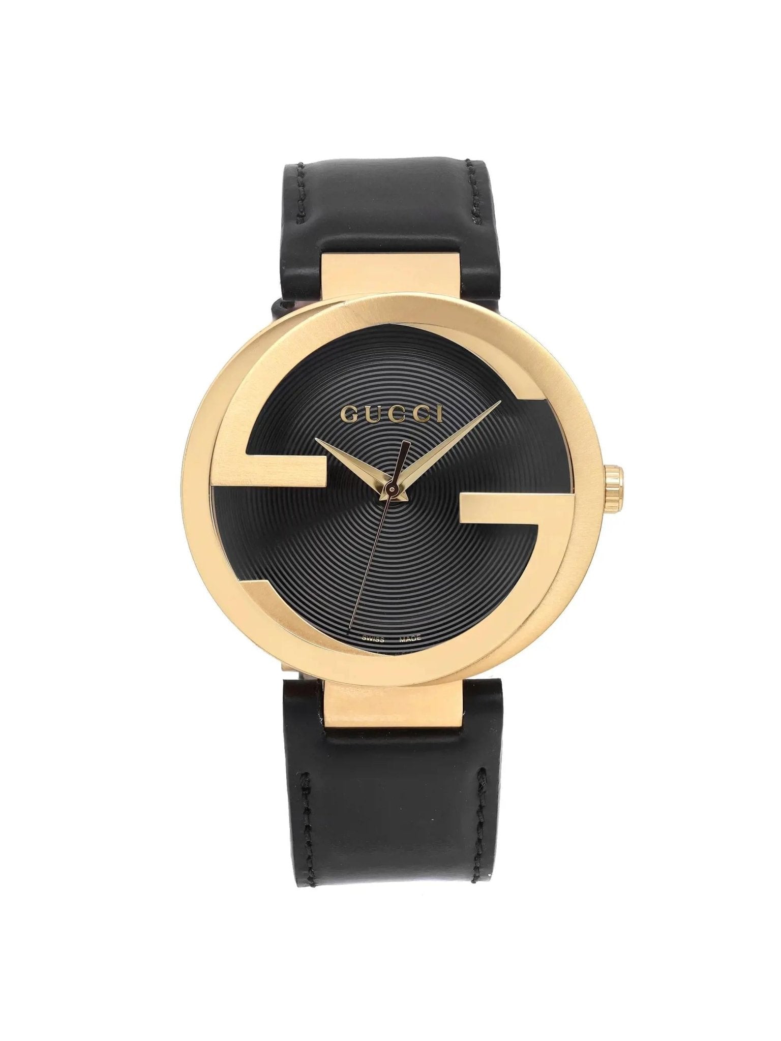 Gucci Interlocking G Gold Black Dial Black Leather Strap Unisex Watch - YA133326 Watches Gucci   