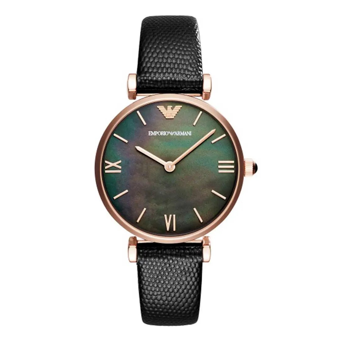 Emporio Armani Gianni T Bar Black Mother of Pearl Dial Black Leather Strap Watch For Women - AR11060 Watches Emporio Armani   