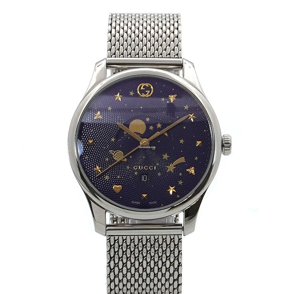 Gucci G-Timeless Motifs Moon Phase Blue Dial Silver Mesh Bracelet Watch For Men - YA126328 Watches Gucci   