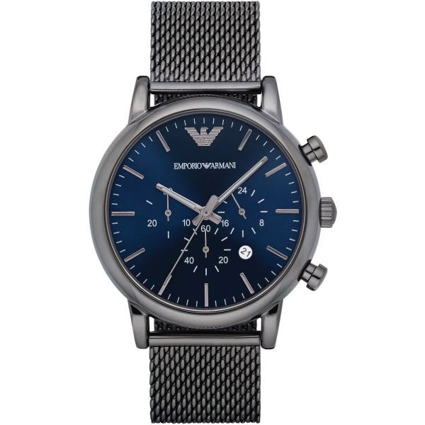 Emporio Armani Chronograph Blue Dial Gun Metallic Mesh Bracelet Watch For Men - AR1979 Watches Emporio Armani   