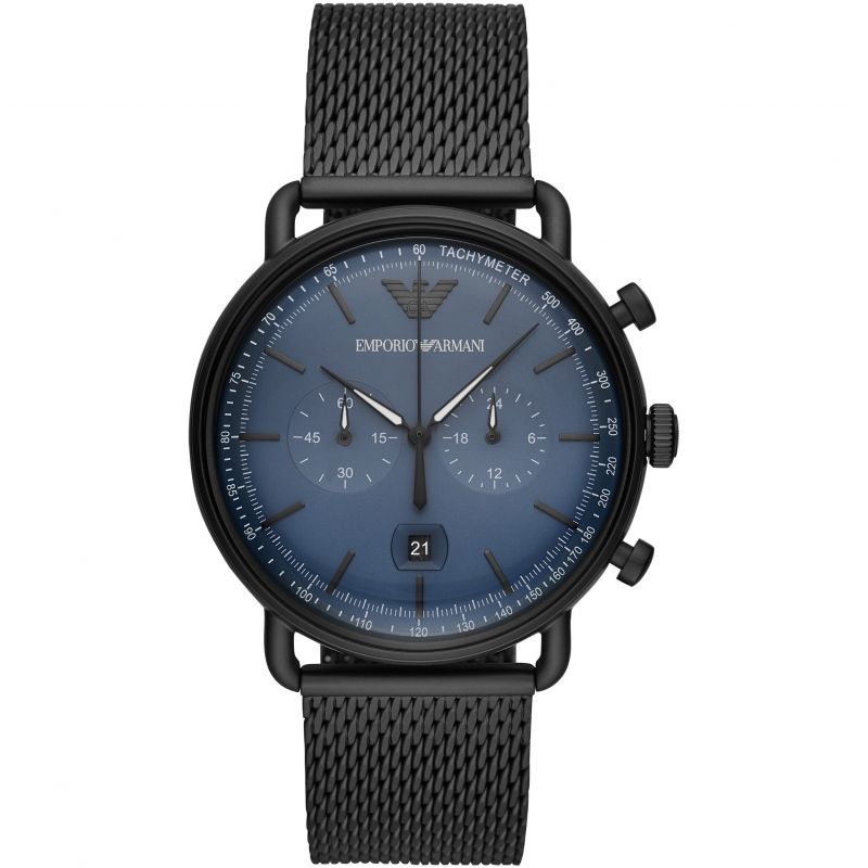 Emporio Armani Aviator Chronograph Blue Dial Black Mesh Bracelet Watch For Men - AR11201 Watches Emporio Armani   