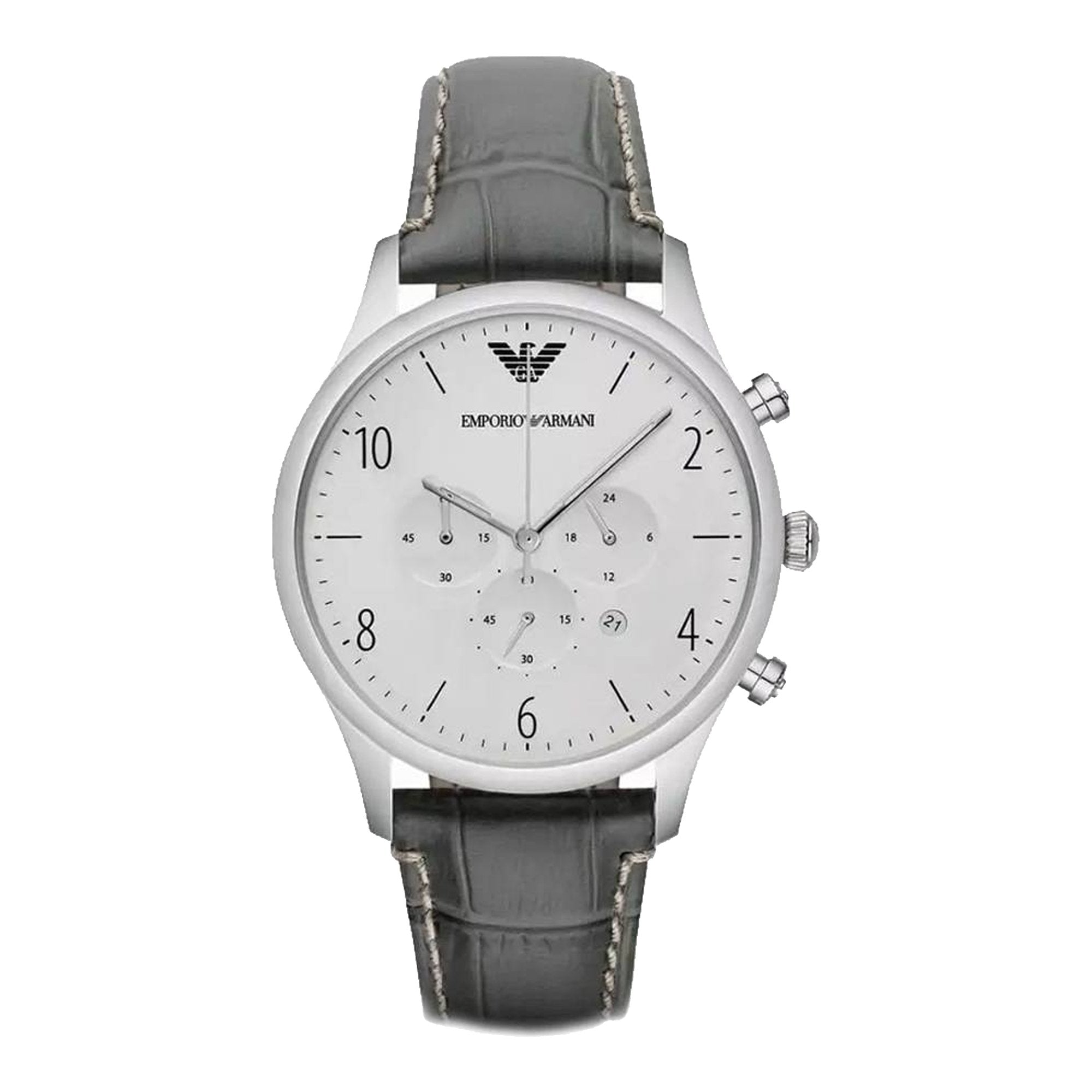 Emporio Armani Classic Chronograph Silver Dial Grey Leather Strap Watch For Men - AR1861 Watches Emporio Armani   