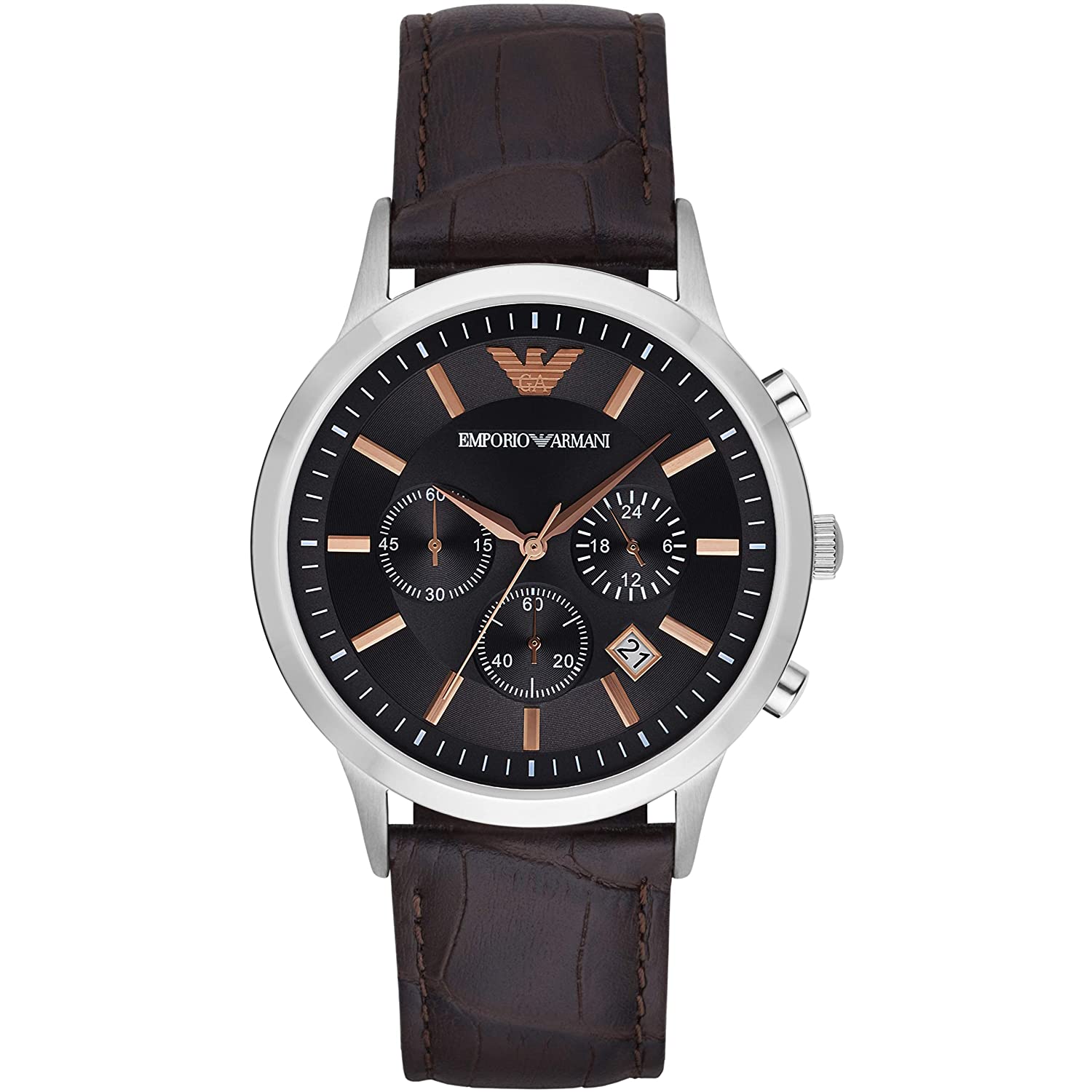 Emporio Armani Renato Chronograph Grey Dial Brown Leather Strap Watch For Men - AR2513 Watches Emporio Armani   