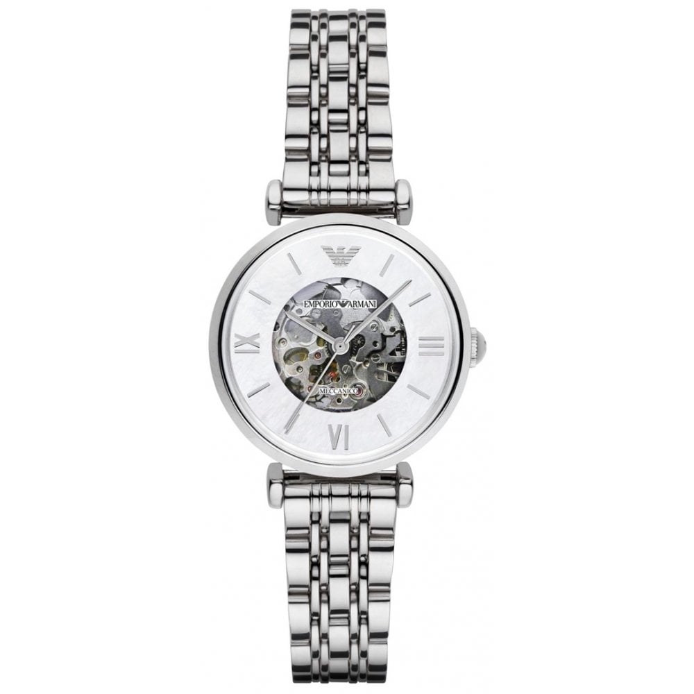 Emporio Armani Meccanico Mother of Pearl Dial Silver Stainless Steel Watch For Women - AR1991 Watches Emporio Armani   