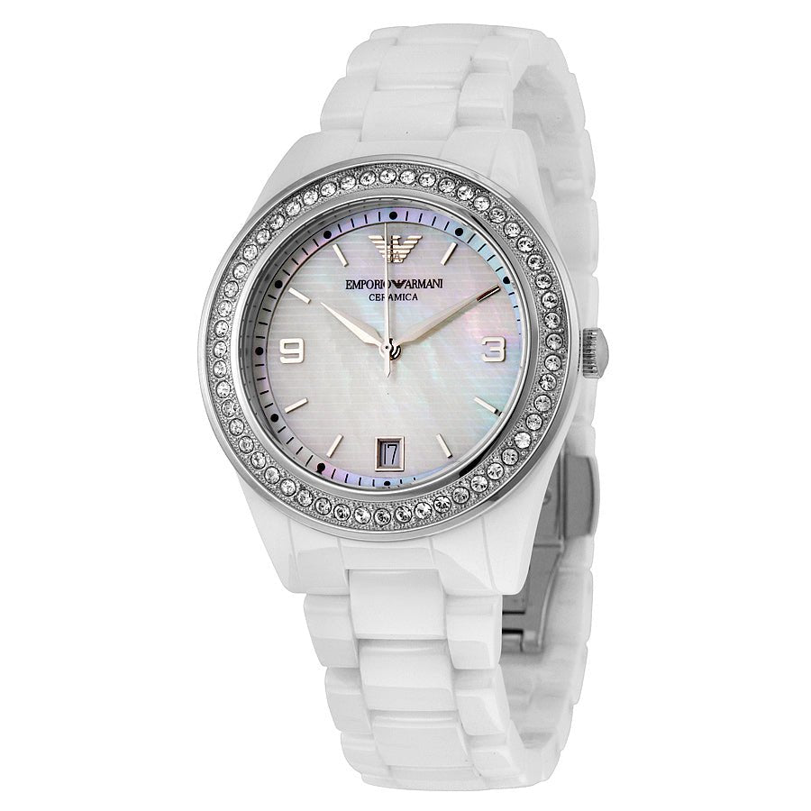 Emporio Armani Ceramica White Mother of Pearl Dial Stainless Steel Strap Watch For Women - AR1426 Watches Emporio Armani   