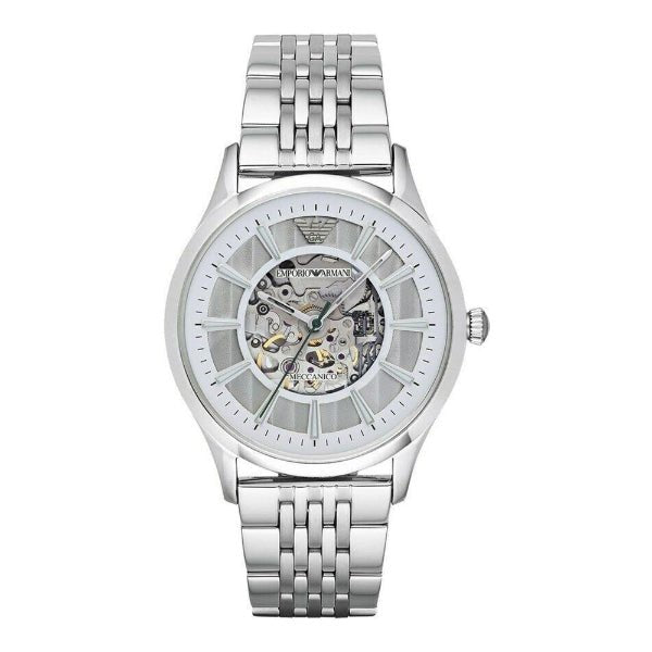 Emporio Armani Meccanico Silver Skeleton Dial Stainless Steel Watch For Men - AR1945 Watches Emporio Armani   