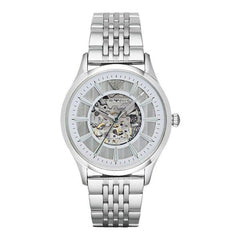 Emporio Armani Meccanico Silver Skeleton Dial Stainless Steel Watch For Men - AR1945 Watches Emporio Armani   