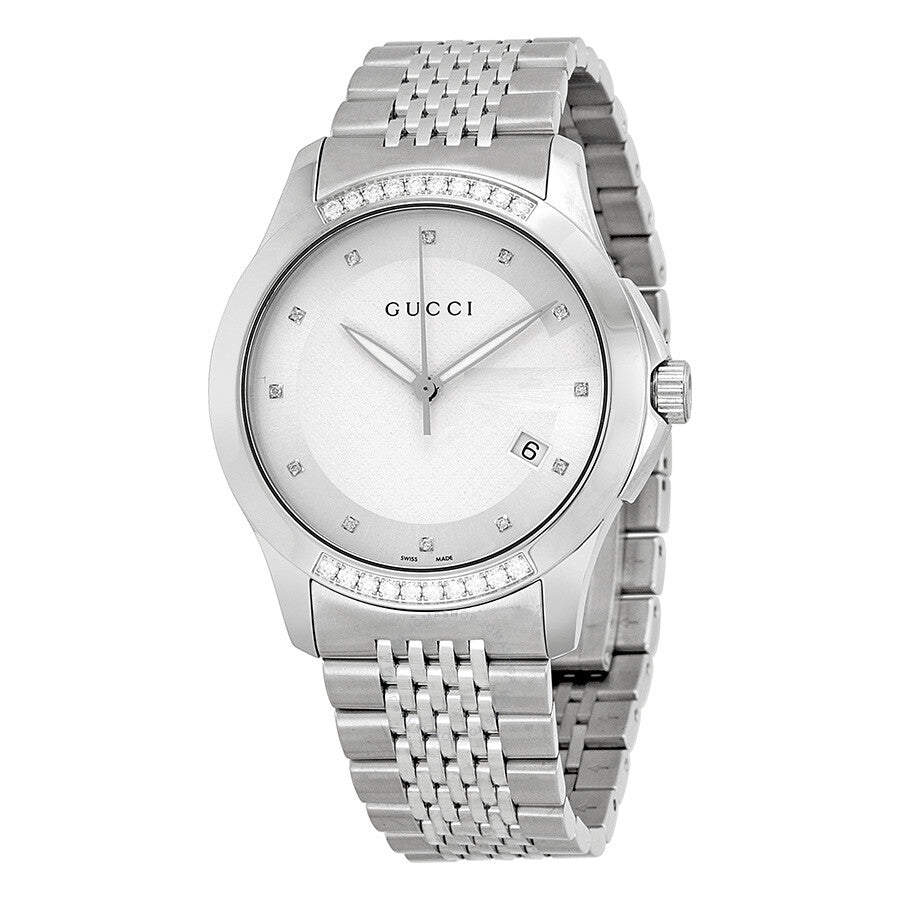 Gucci G Timeless Diamond Silver Dial Silver Steel Strap Watch For Men - YA126407 Watches Gucci   