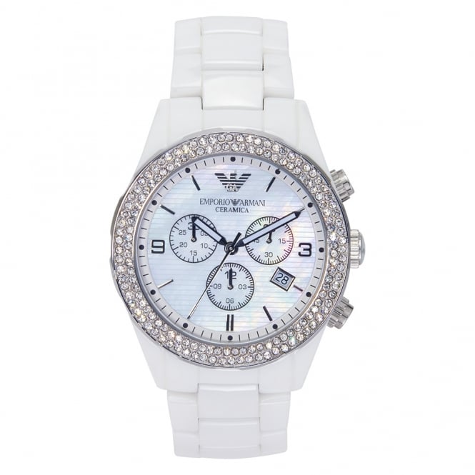 Emporio Armani Ceramica Chronograph White Dial White Ceramic Strap Watch For Women - AR1456 Watches Emporio Armani   