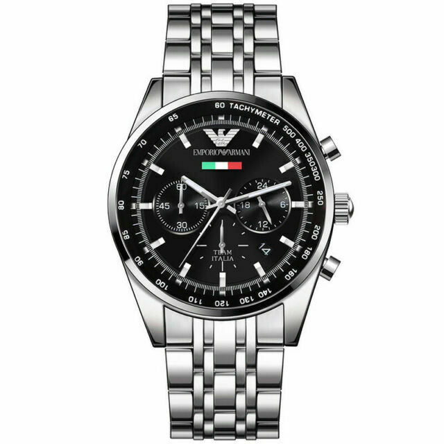 Emporio Armani Team Italia Chronograph Black Dial Silver Stainless Steel Strap Watch For Men - AR5983 Watches Emporio Armani   