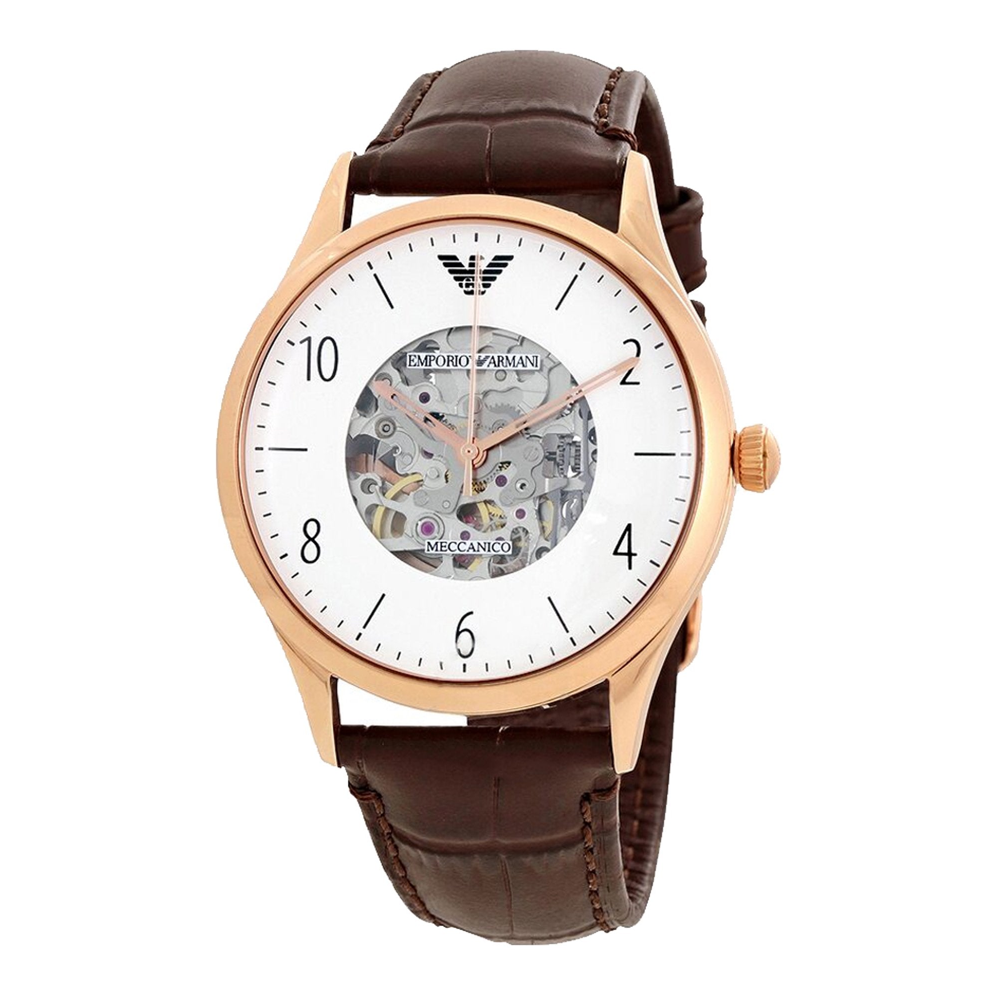 Emporio Armani Meccanico White Dial Brown Leather Strap Watch For Men - AR1920 Watches Emporio Armani   