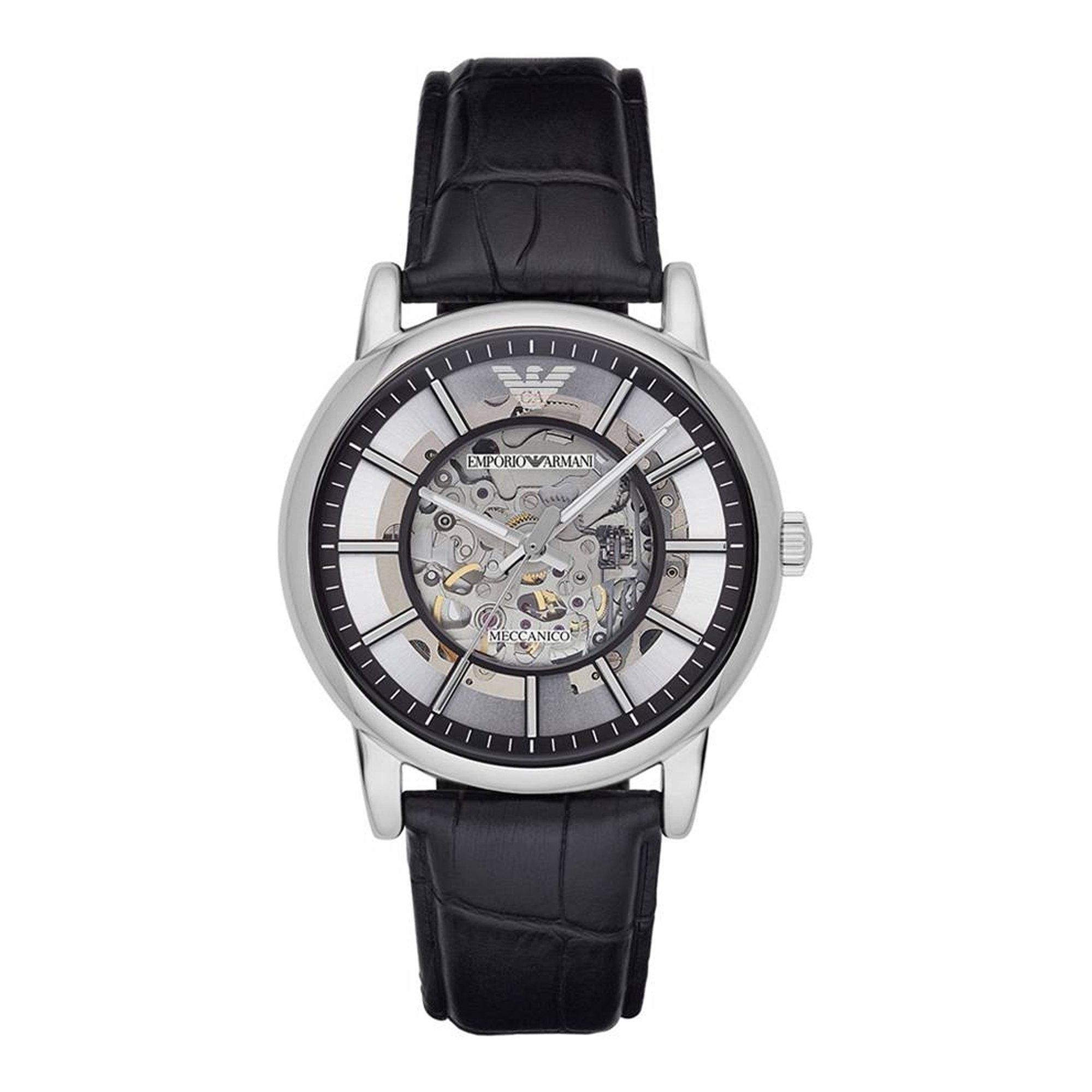 Emporio Armani Luigi Silver Skeleton Dial Black Leather Strap Watch For Men - AR1981 Watches Emporio Armani   