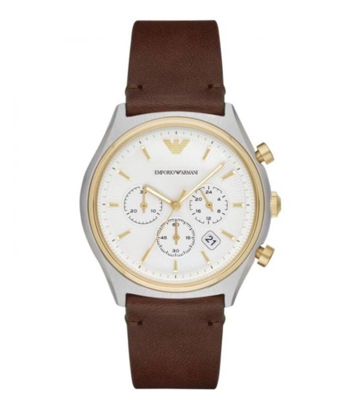 Emporio Armani Chronograph White Dial Brown Leather Strap Watch For Men - AR11033 Watches Emporio Armani   