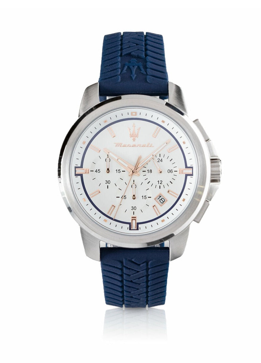 Maserati Successo Chronograph White Dial Blue Rubber Strap Watch For Men - R8871621013 Watches Maserati   