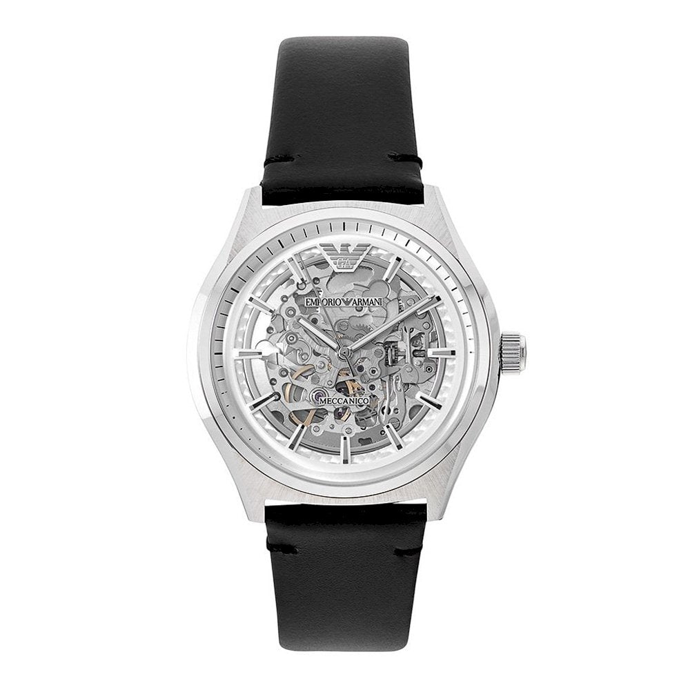 Emporio Armani Meccanico White Skeleton Dial Black Leather Strap Watch For Men - AR60003 Watches Emporio Armani   