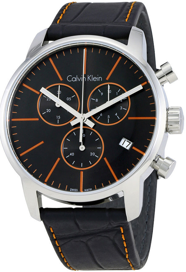 Calvin Klein City Chronograph Black Dial Black Leather Strap Watch for Men - K2G271C1 Watches Calvin Klein   