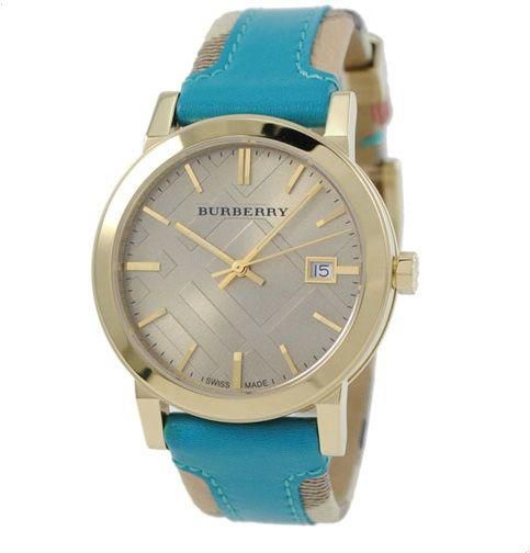 Burberry The City Gold Dial Turquoise Leather Strap Watch for Women - BU9018 Watches Burberry   