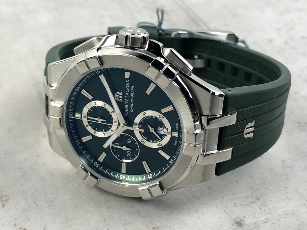 Maurice Lacroix Aikon Chronograph Green Dial Green Rubber Strap Watch for Men  - AI1018-SS000-630-5 Watches Maurice Lacroix   