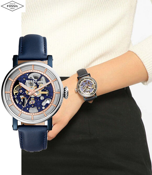 Fossil Boyfriend Skeleton Blue Dial Blue Leather Strap Watch for Women - ME3136 Watches Fossil   