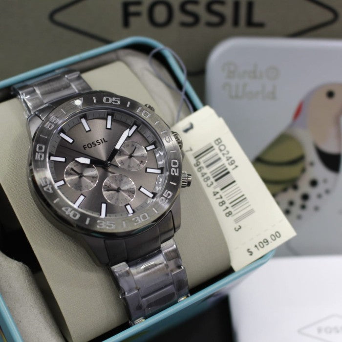 Fossil Bannon Multifunction Chronograph Grey Dial Gray Steel Strap Watch for Men - BQ2491 Watches Fossil   