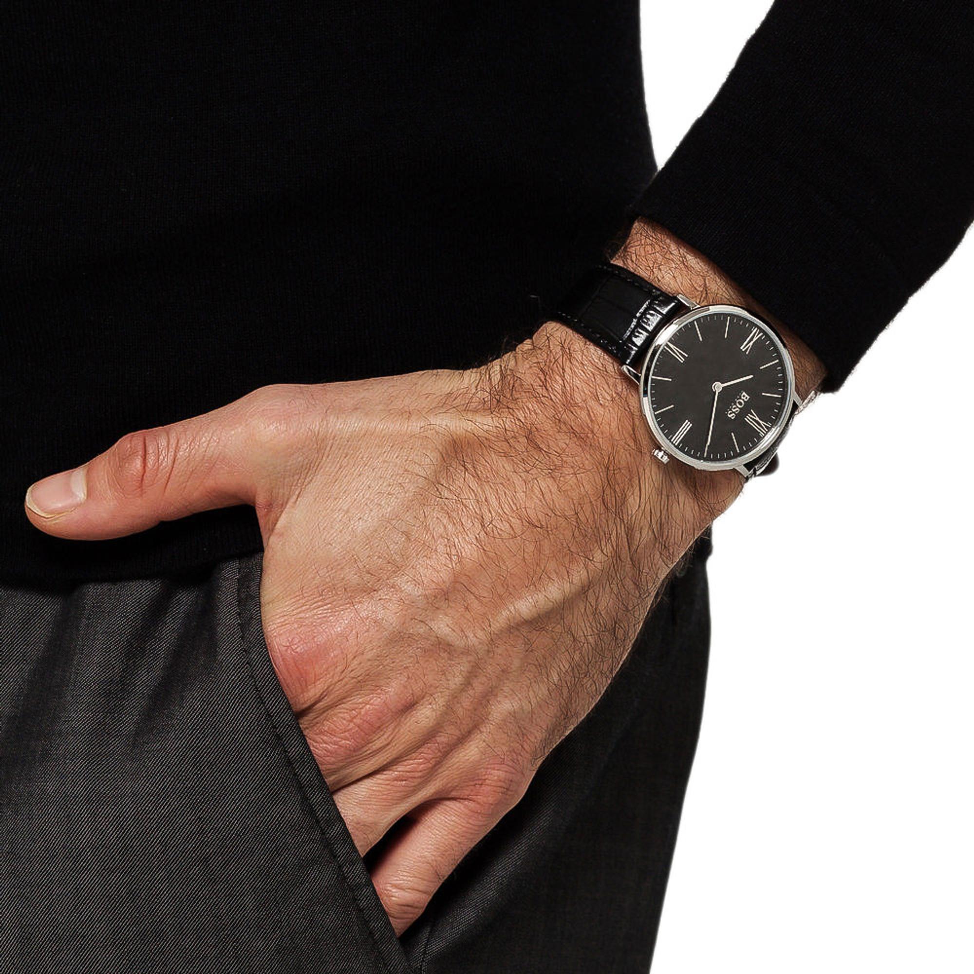 Hugo Boss Jackson Black Dial Black Leather Strap Watch for Men - 1513369 Watches Hugo Boss   