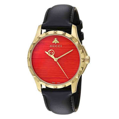 Gucci G Timeless Coral Red Dial Black Leather Strap Watch For Men - YA126464 Watches Gucci   