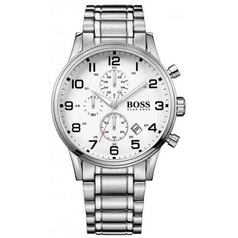 Hugo Boss Aeroliner Chronograph White Dial Silver Steel Strap Watch for Men - 1513182 Watches Hugo Boss   