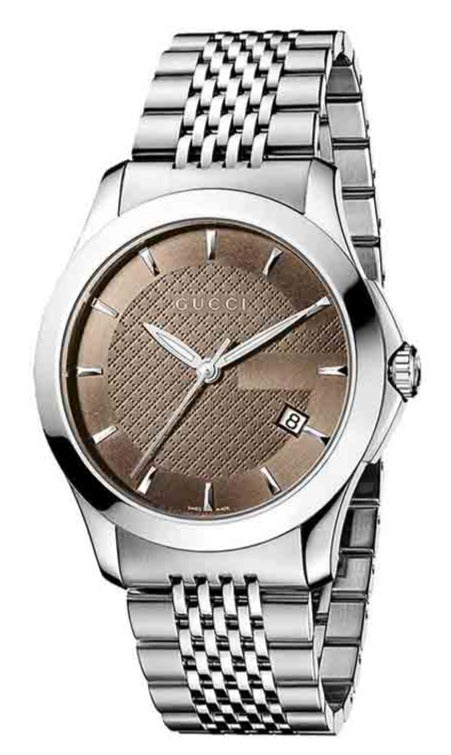 Gucci G Timeless Brown Dial Silver Steel Strap Watch For Men - YA126406 Watches Gucci   