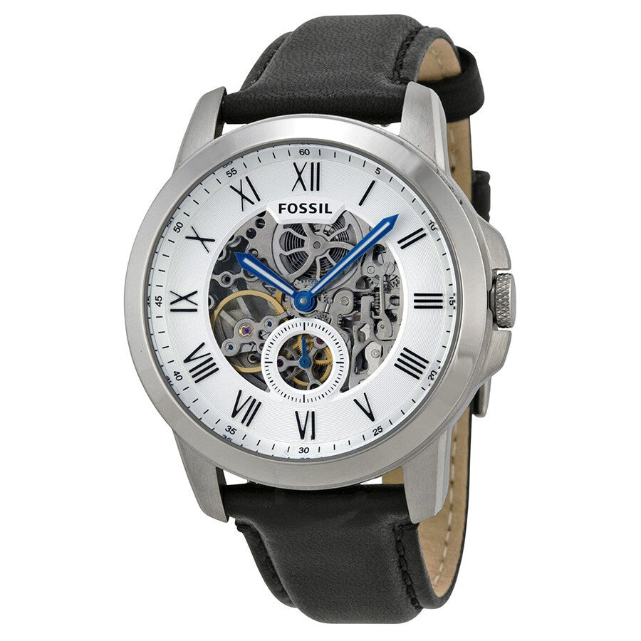 Fossil Grant Skeleton White Dial Black Leather Strap Watch for Men -  ME3053 Watches Fossil   