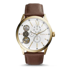 Fossil Flynn Twist Mechanical White Dial Brown Leather Strap Watch for Men - BQ2218 Watches Fossil   