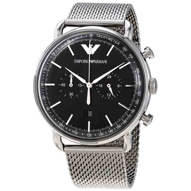 Emporio Armani Chronograph Black Dial Silver Mesh Bracelet Watch For Men - AR11104 Watches Emporio Armani   