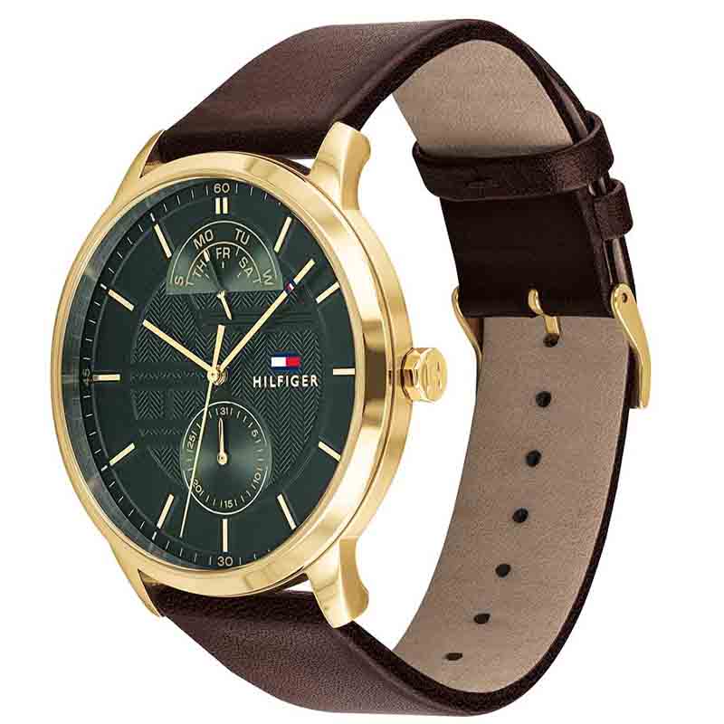 Tommy Hilfiger Hunter Green Dial Brown Leather Strap Watch for Men - 1791607 Watches Tommy Hilfiger   