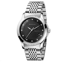 Gucci G Timeless Diamond Black Dial Silver Steel Strap Watch For Women - YA126408 Watches Gucci   