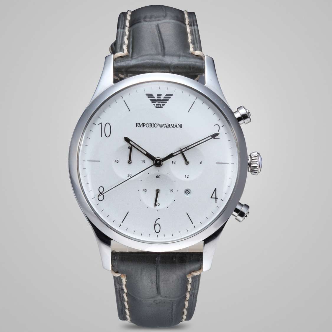 Emporio Armani Classic Chronograph Silver Dial Grey Leather Strap Watch For Men - AR1861 Watches Emporio Armani   